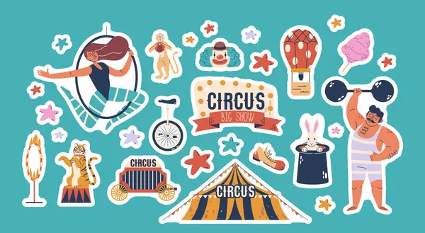 Vector Stickers Set Circus Artists Animals Objects Amusement Show Clown — Stock Vector