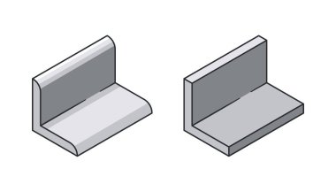 İki Açı Metal Profil. Bent L şeklindeki ve yansıtıcı yüzeyli yapılar. Yapısal destek, Vektör 3d Isometric simgeleri için Yapısal veya Üretimde Kullanılan Çelik veya Alüminyum Ögeler