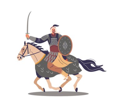 At sırtında kılıç süren Moğol Savaşçısı. Asyalı Fatih, Kadim Savaşlarda Liderliği ve Cesareti simgeleyen Kılıcını Yükseltiyor. Çizgi film İnsanları Vektör İllüstrasyonu