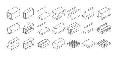 İnşaatta ve mimaride kullanılan çelik profilleri Isometric tarzında. Kare tüplerin, I ışınlarının, boruların ve diğer yapısal şekillerin ana hatları. Ortak Metal Profillerinin Çeşitliliği