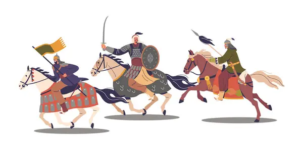 Powerful Charge Armored Asian Mongol Warrior Characters Horses Brandishing Weapons — Stock Vector