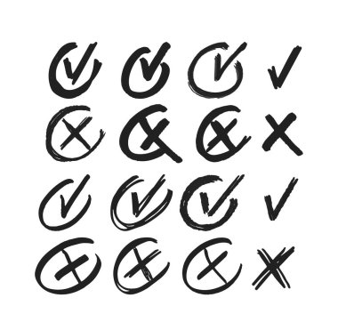 Doodle Cross ve yuvarlak çerçevelerin içindeki işaretleri kontrol et. Vektör X Sembolü Yanlış veya Olumsuz 'u belirtirken, İşaretli V Sembolü Doğru veya Olumlu' yu belirtir. Sketchy Hand Çizilmiş İşaretler