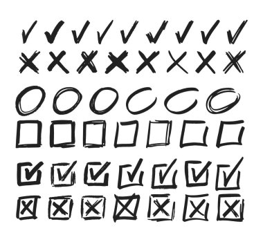 Doodle Cross ve İşaretler, Kare Kutular ve Çember Çerçeve Yazma Elementleri. Vektör X Sembolü Yanlış ya da Olumsuz, V Sembolü Doğru ya da Olumlu