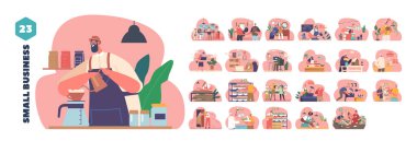 Karakterlerle İzole Edilmiş Elementler Küçük İş Yapıyor. Raflarda büyüyen çiftçiler mikroyeşiller, hamur işleri yapan fırıncılar, çiçek buketleri düzenleyen çiçekçiler. Çizgi film İnsanları Vektör İllüstrasyonu