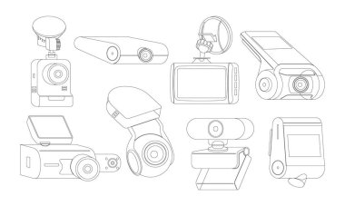 Farklı modern dijital kameraların, kayıt cihazlarının, kontrol kameralarının, web kameralarının ve taşınabilir kameraların vektör koleksiyonu. Güvenlik, İletişim ve Kayıt için Ana Hatlar