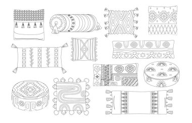 Doğu Yastık ve Yastık, Karmaşık Örnekler, Tasmalar ve Dekoratif Motifler Gösteren Çizgi Sanat Yönetmeni Simgeleri Koleksiyonu. Tek Renkli Vektör Renklendirme Kitabı İllüstrasyonu