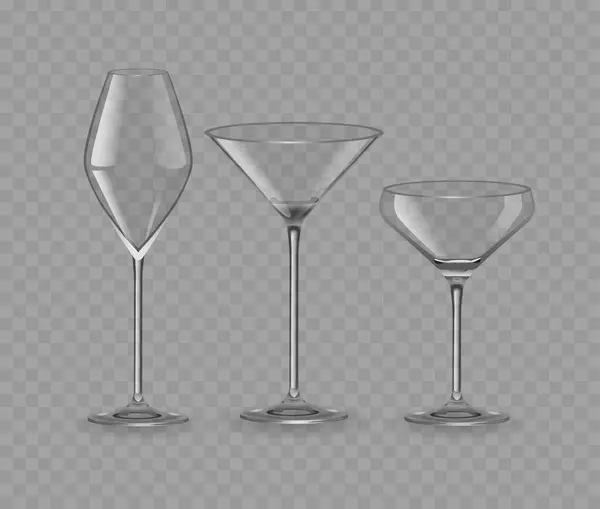 Trei Tipuri Diferite Ochelari Sticlă Vin Înalt Sticlă Clasică Martini — Vector de stoc