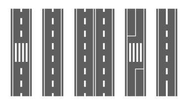 Şehir Planlama, Şehir Haritası, Trafik Simülasyonu ve Ulaşım odaklı Projeler için Düz Yol Bölüm Tasarımları Vektör Kümesi. Her bölüm farklı yol işaretleri, şeritler ve yaya geçitlerini vurguluyor.