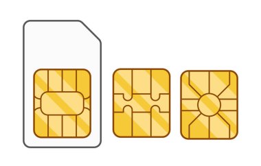 Sim Kart Tasarımları 'nın her biri farklı çip desenli, standart, mikro ve nano büyüklükteki üç çeşidi. Telekomünikasyon ve Teknoloji Konseptleri için Vektör İllüstrasyonu İdeal
