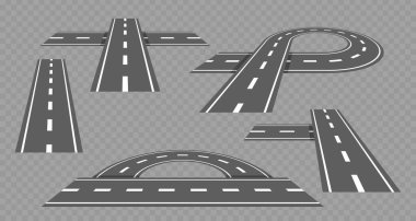 Farklı yol perspektiflerinin vektör kümesi. Gri ölçekte düz, eğri ve kesişim tasarımları harita düzeni ve trafik akışı şeması, planlama veya şehir trafiği görselleştirmeleri için idealdir.