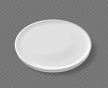 Şeffaf arka planda izole edilmiş beyaz seramik plaka, farklı mutfaklar için mükemmel ya da tasarım ve menülerde yemek sunumu için şablonu olarak. Gerçekçi 3d Vektör İllüstrasyonu