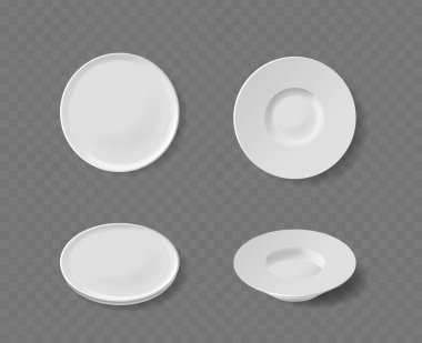 Beyaz Tabaklar ve Utensiller Üst veya Açı Görünümleri Şeffaf Arkaplanda İzole, Mutfak Malzemeleri Pazarlama, Yemek Ayarları, Mutfak Sunumları İçin İdeal. Gerçekçi 3d Vektör İllüstrasyonu