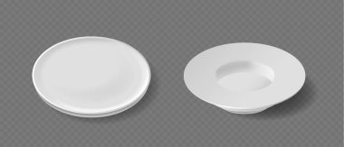 İki beyaz tabak, izole edilmiş üç boyutlu vektör tabağı ve tanıtım tabakları, kataloglar veya çevrimiçi mağazalar için mutfak eşyası tasarımları için derin bir kase.