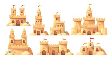Bayraklar ve deniz kabuklarıyla dolu Kumdan Kaleler Koleksiyonu. Çeşitli Sandy Heykelleri Farklı Mimari Özellikler, Yaratıcılık ve Yaz Sahil Etkinlikleri Gösterileri. Çizgi film Vektör İllüstrasyonu