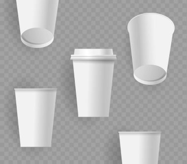 Şeffaf arkaplanda boş kağıt kahve fincanları olan kusursuz bir kalıp. Grafik Tasarım ve Markalaşma Amaçlı Model, Logo Sunumları ve Reklamcılık. Gerçekçi 3d Vektör İllüstrasyonu