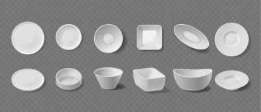 Beyaz tabak çeşitleri ve farklı şekil ve boyutlarda kaseler var. Gerçekçi 3d Vektör Koleksiyonu Yuvarlak, Meydan, Oval Tasarımlar, Modern Bir Estetik Gösterisi içerir. ve Çağdaş Tablo Yazı Biçimi