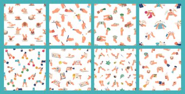 Kusursuz desenler koleksiyonu çeşitli etkinliklerde kullanılıyor, el yapımı, yemek pişirme ve dikiş. Diy Aletleri, Kupalar, Sanat Malzemeleri ve Gadget 'ları tutan eller. Çizgi film Vektör Döşemeleri