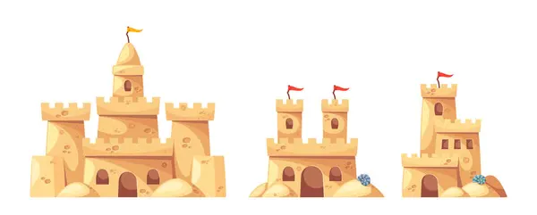 Cartoon Vector Sandcastles Detailed Turrets Arches Flags Evoking Creativity Fun — Stock Vector