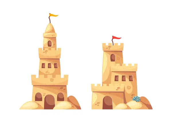 Două Castele Nisip Fiecare Împodobit Steag Roșu Stabilit Fundalul Unei Ilustrații de stoc fără drepturi de autor