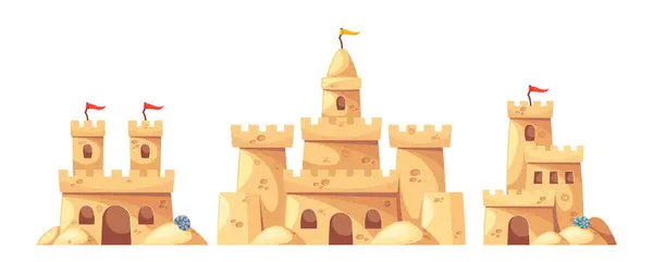 Castele Plajă Mai Multe Niveluri Turnuri Înfrumusețate Steaguri Înconjurate Scoici Ilustrații de stoc fără drepturi de autor
