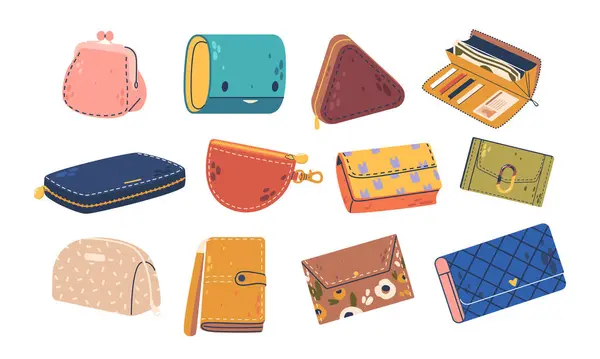 Çeşitli Şekillerde Renklerde Tasarımlarda Kadın Cüzdanı Çantalarının Oyuncu Seçici Koleksiyonu Telifsiz Stok Illüstrasyonlar