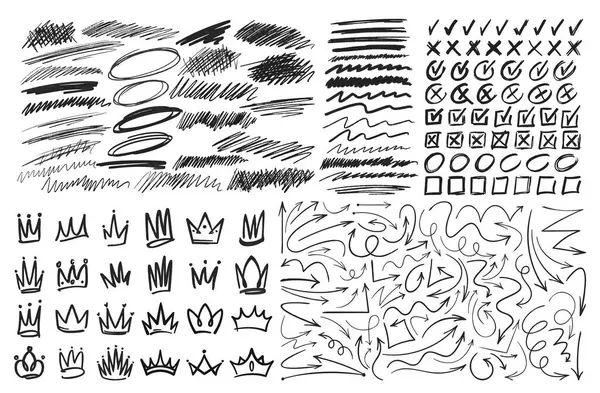 Set Cuprinzător Stilouri Vectoriale Scribbles Lovituri Pensulă Marcaje Verificare Săgeți Ilustrație de stoc