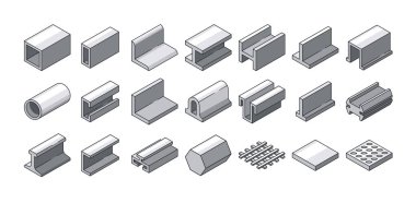 Çelik veya Metal Ürün Vektör Simgeleri Ayarlandı. Borular, kirişler, parmaklıklar, Girder Yapıları. Demir, Paslanmaz Metalürji Endüstrisi Metalleri Kare, Yuvarlak, Düz Profil, İnşaat Yuvarlakları, Demirler ve Çubukları İçerir