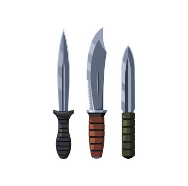 Farklı çelik bıçak şekilli ve saplı üç avcı bıçağı kamp, avcılık ve hayatta kalma temalarında temsil etmek için ideal. Beyaz Arkaplanda İzole Edilmiş Avcı Silahının Vektör İllüstrasyonu