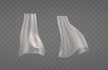 Şeffaf arkaplanda izole edilmiş, yüzen bir hareketteki iki zarif beyaz perde. Hassas kumaş ve ince akış sakin ve sakin bir ortam öneriyor. Gerçekçi 3d Vektör İllüstrasyonu