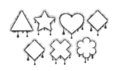 Kalp, yıldız, üçgen, haç, eşkenar dörtgen gibi çeşitli şekillerde vektör çerçeveleri, damlayan boya ile grafiti tarzında çiçek. Özel metin eklemek ve eşsiz tasarımlar yaratmak için izole edilmiş sınırlar