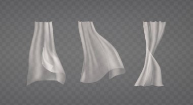 Beyaz perdeler şeffaf bir arka planda izole edilmiş, zarif ve havadar hisler için tasarlanmış çeşitli şekillerde iç tasarım projeleri sergiliyor. Gerçekçi 3d Vektör Kümesi