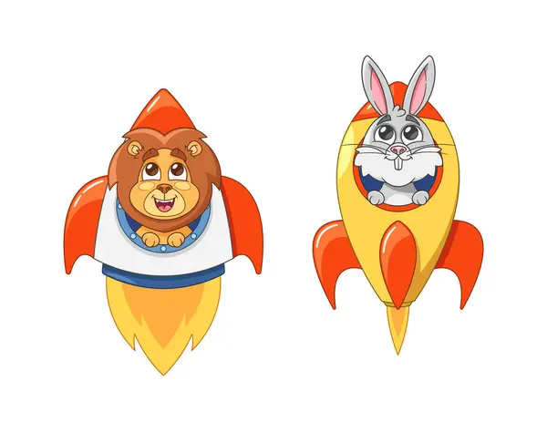 Cartoon Lion Rabbit Piloting Bunte Raketenschiffe Isolierte Vektorillustration Für Kinderbücher lizenzfreie Stockvektoren