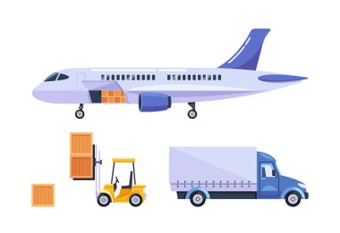 Kargo Taşımacılık Vektörü, Kargo, Teslimat Kamyonu ve Forklift 'i aktif olarak taşıyan kargo uçağını gösterdi. Resim Ulaşım, Lojistik ve Nakliye Faaliyetlerini Temsil Ediyor