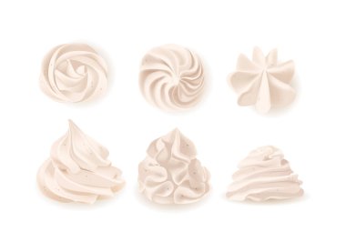 Krem şanti kıvrımları, tasarım elementleri beyaz arka planda düzgünce düzenlenmiş, farklı dokuları ve şekilleri renklendiriyor. İzole Gerçekçi 3d Vektör İllüstrasyonu Mutfak Sunumları İçin Uygun