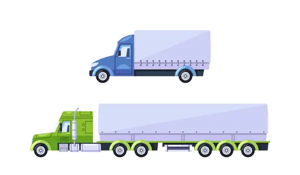 Vector Cargo Trucks Ein Blauer Mittelgroßer Und Ein Grüner Großer lizenzfreie Stockillustrationen