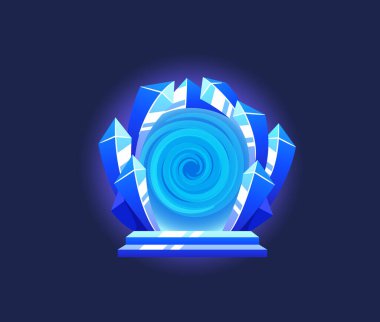 Girdap Merkezi ve Keskin Kristal Elementleri olan Mavi Sihirli Geçit. Fantezi kitabı, macera oyunu, gizem ve enerji temaları için Girdap desenli ve kristalli çizgi film Vektörü Gizemli Kapı Kapısı