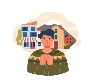 Young Man Deep In Thought, Surrounded By A Dreamlike Cloud Filled With Houses, Captures Moment Of Nostalgia And Reflection, Evoking Emotions Of Longing And Memories Associated With Home From His Past clipart