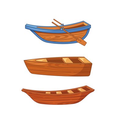 Üç Tahta Tekne Tarafı Manzarası, Eşsiz Tasarım Özellikleri ve bir çift tahta kürek. Seyahat, Macera ve Denizcilik Faaliyetleri için Karikatür Vektör İllüstrasyonu