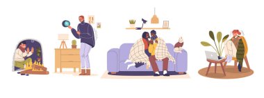 Oturma odasında çok ırklı karakterler grubu kuruluyor, hepsi de soğuk havada sıcak kalmaya çalışıyor. Biri termostatı kontrol eder, diğeri kanepeye sarılır, ve üçüncüsü de dizüstü bilgisayar kullanır.