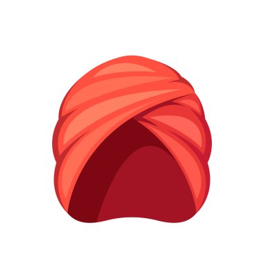 Canlı Kızıl Doğu Türbanı, Karmaşık Katlar ve Zengin Renkler İzole Beyaz Arkaplan. Kültürel Önemi vurgulayan Geleneksel Başlık Aksesuarının Çizgi Film Vektörü İllüstrasyonu