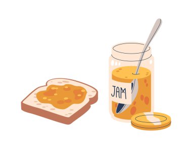 Kayısı reçeli kavanoz ve beyaz arka planda reçelli bir dilim ekmek. Çizgi film Vektör İllüstrasyonu Kahvaltı, Yemek ve Mutfak İçeriği, Tatlılar ve Beslenme Atıştırmaları İçin Mükemmel