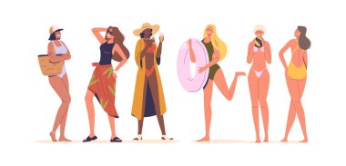 Altı kadın mayolu karakter, arka arkaya ayakta, çeşitli aksesuarlarla bir yaz plaj gününün tadını çıkarıyorlar. Çizgi film Vektör İllüstrasyonu Eğlenceli, enerjik ve rahat bir yaz tatili atmosferini yakalar