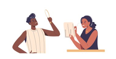 Gri saçı fark eden ve aynaya bakarken strese giren iki karakter. Çizgi film Vektör Görüntüsü, saç, stres ve yaşlanmayla ilgili konular için endişe, yaşlanma ve kişisel bakım taşımaktadır.