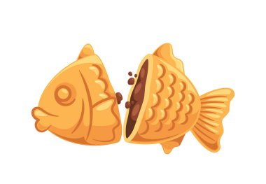 Geleneksel Japon Taiyaki. Lezzetli kırmızı fasulye ezmesiyle doldurulmuş balık şekilli tatlı. Popüler Japon Şeklinin Çizgi Film Vektör İllüstrasyonu Eşsiz Doku ve Tasarım Gösterimi