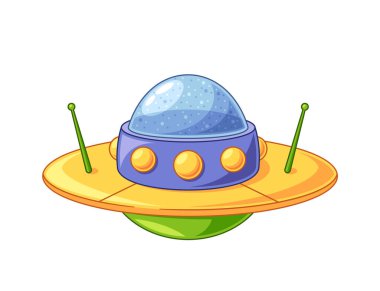 Canlı Uçan Ufo Gövdesi, Parlak Renkli Tuhaf Uzaylı Uzay Gemisi, Anten, Bilim Kurgu Teması, Çocuk Sanatı ve Yaratıcı Konseptler İçin Mükemmel. Çizgi film Vektör İllüstrasyonu