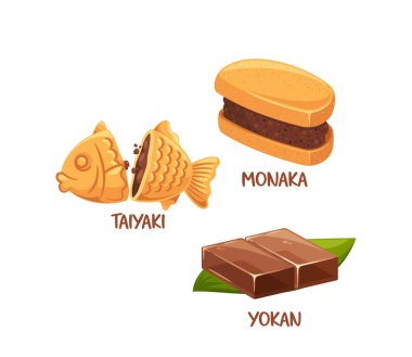 Geleneksel Japon Tatlıları Taiyaki, Monaka ve Yokan. Mutfak bloglarında, eğitimsel materyallerde ve yemekle ilgili projelerde kullanılacak karikatür vektör resmi. Keyifli bir görünüş ve dokuya sahip tatlı