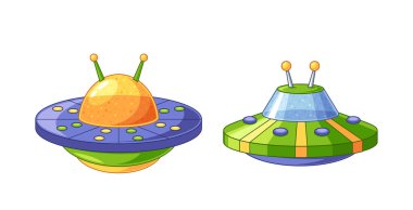 İki renkli uçan daire beyaz arka planda izole edildi. Fantezi, uzay, bilim kurgu temaları, oyunlar, çocuk kitapları ve yaratıcı projeler için tuhaf ve eğlenceli bir Ufo. Çizgi film Vektör İllüstrasyonu