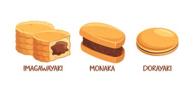 Üç Popüler Japon Tatlı Yiyeceği Imagawayaki, Monaka ve Dorayaki. Geleneksel Japon Tatlılarının Çizgi Film Tarzı 'ndaki Vektör Resimleri. Japon Mutfağı, Gıda Konulu Projeler ve Bloglar İçin Mükemmel