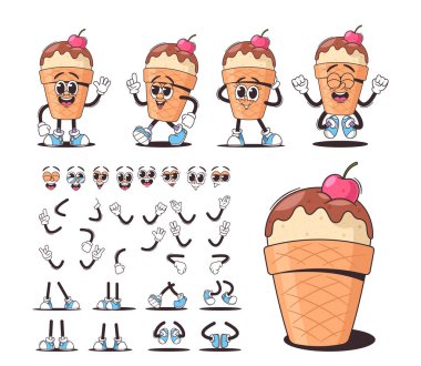 Farklı yüz ifadeleri ve vücut parçaları olan Retro karikatür dondurma kümesi karakterleri. Icecream Özelliği Çikolata Toplama ve Kiraz Üstte, Çeşitli Duyguları ve Eylemleri Yansıtıyor