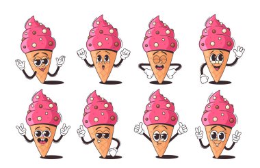 Farklı yüz ifadeleri ve pozlar gösteren sevimli ve renkli çizgi film dondurma külahı karakterleri. Çocuk Projeleri, Yaz Temaları ve Yiyeceklerle İlgili Tasarımlar İçin Vektör Icecream Kişisel Canlandırması
